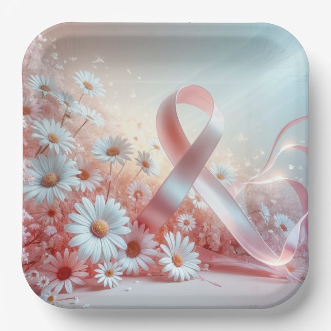 Pink Ribbon Breast Cancer Awareness and Daisies Paper Plates (Front)