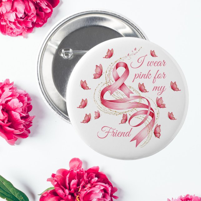 Pink Ribbon Breast Cancer Awareness Button (I Wear Pink Butterfly Breast Cancer Awareness Ribbon Button)