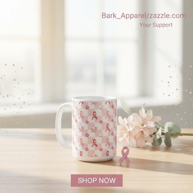 Pink Ribbon Breast Cancer Awareness Checkered  Coffee Mug (Creator Uploaded)