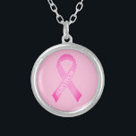 Pink ribbon breast cancer awareness custom name silver plated necklace<br><div class="desc">Pink ribbon breast cancer awareness custom name Silver Plated Necklace. Personalized logo design. Add your own custom support text,  warrior quote or survivor name.</div>