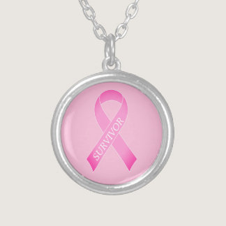 Pink ribbon breast cancer awareness custom name silver plated necklace