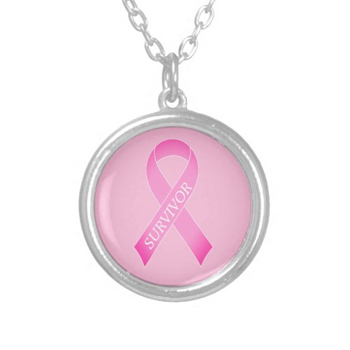 Pink ribbon breast cancer awareness custom name silver plated necklace
