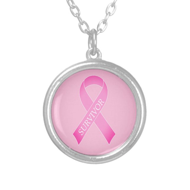 Pink ribbon breast cancer awareness custom name silver plated necklace (Front)