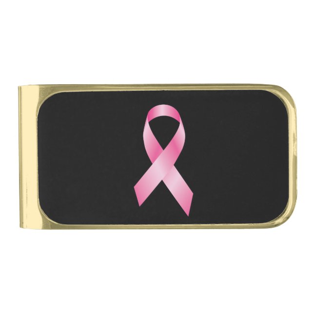 Pink Ribbon - Breast Cancer Awareness Gold Finish Money Clip (Front)