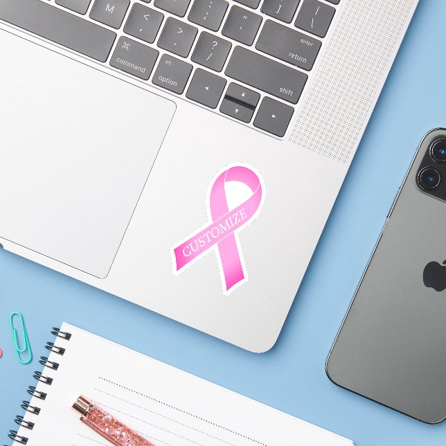 Pink ribbon breast cancer awareness logo vinyl sticker (Laptop w/ iPhone)
