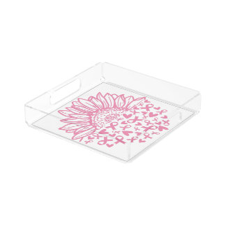 Pink Ribbon Breast Cancer Awareness Sunflower Acrylic Tray