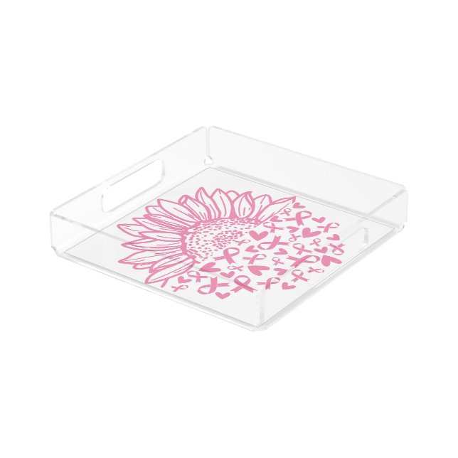 Pink Ribbon Breast Cancer Awareness Sunflower Acrylic Tray (Angled)