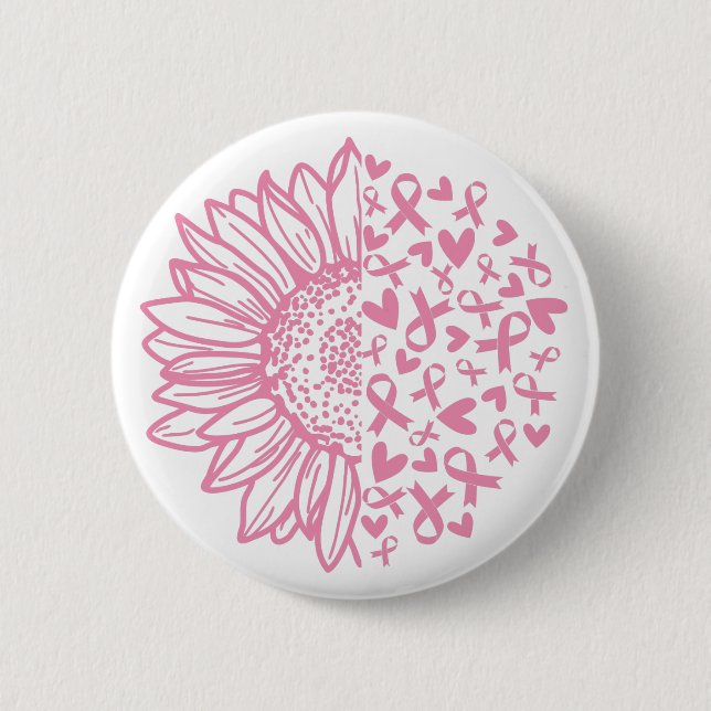 Pink Ribbon Breast Cancer Awareness Sunflower Button (Front)