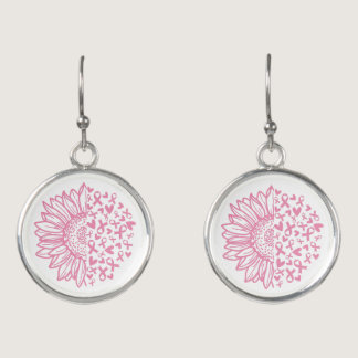 Pink Ribbon Breast Cancer Awareness Sunflower Earrings