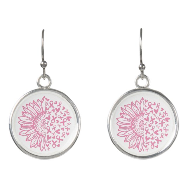 Pink Ribbon Breast Cancer Awareness Sunflower Earrings (Front)