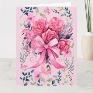 Pink Ribbon Breast Cancer Awareness with flowers Card