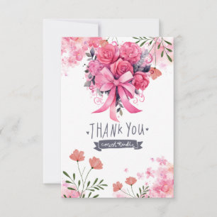 Pink Ribbon Breast cancer Awareness with Flowers Thank You Card