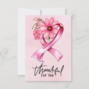 Pink Ribbon Breast cancer Awareness with Flowers Thank You Card