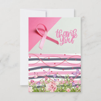 Pink Ribbon Breast cancer Awareness with Flowers Thank You Card