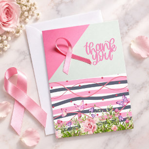 Pink Ribbon Breast cancer Awareness with Flowers Thank You Card