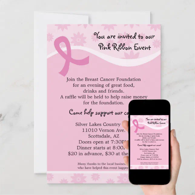 Pink Ribbon Breast Cancer Event Invitation | Zazzle