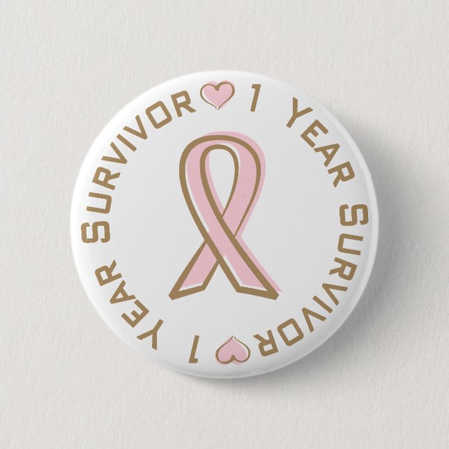 Pink Ribbon Breast Cancer Survivor 1 Year Pinback Button (Front)