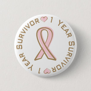 Pink Ribbon Breast Cancer Survivor 1 Year Pinback Button