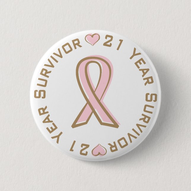 Pink Ribbon Breast Cancer Survivor 21 Years Pinback Button (Front)