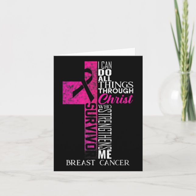 Pink Ribbon Breast Cancer Survivor Christian Cross Card (Front)