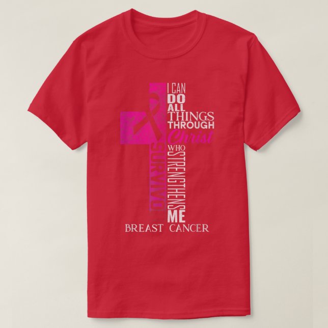 Pink Ribbon Breast Cancer Survivor Christian Cross T-Shirt (Design Front)