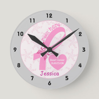Pink Ribbon Breast cancer survivor, grey border Round Clock