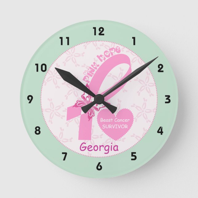 Pink Ribbon Breast cancer survivor, mint border Round Clock (Front)