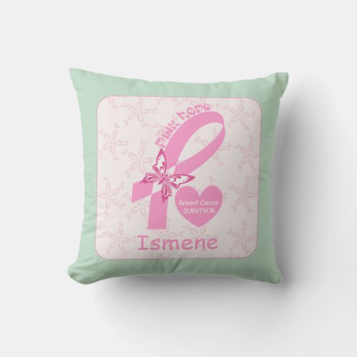Pink Ribbon Breast cancer survivor mint border Throw Pillow