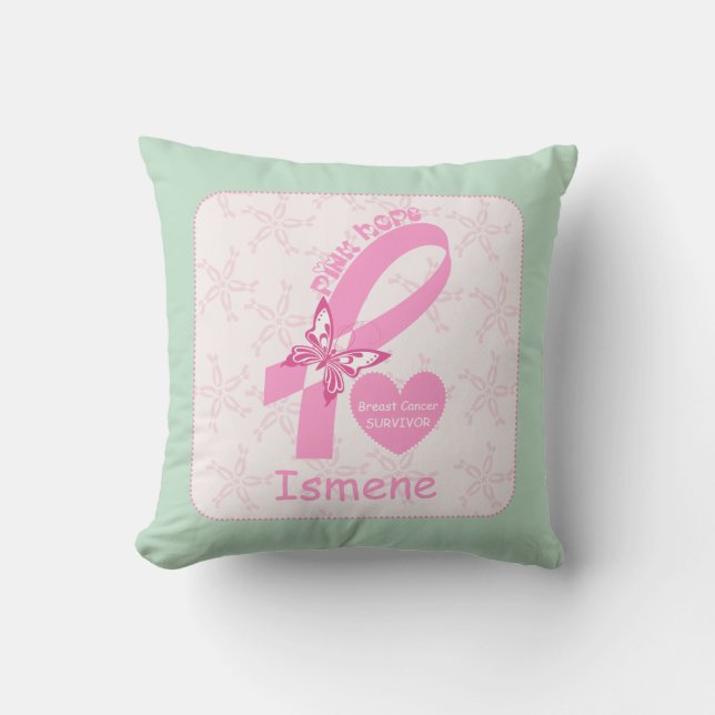 Pink Ribbon Breast cancer survivor mint border Throw Pillow (Front)