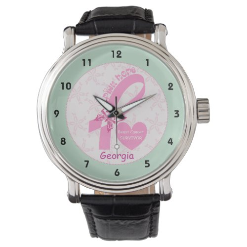 Pink Ribbon Breast cancer survivor mint border Watch