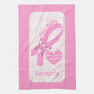 Pink Ribbon Breast cancer survivor & pink border Kitchen Towel