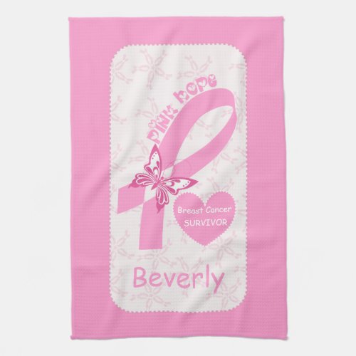 Pink Ribbon Breast cancer survivor  pink border Kitchen Towel