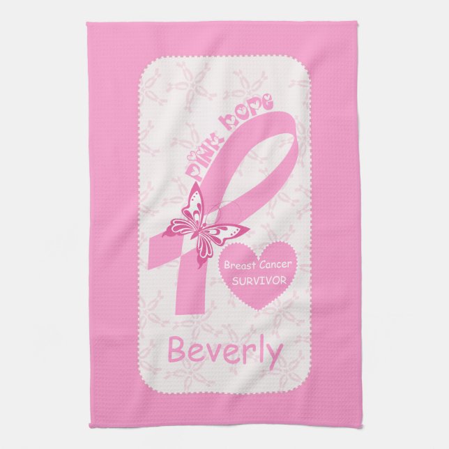Pink Ribbon Breast cancer survivor & pink border Kitchen Towel (Vertical)