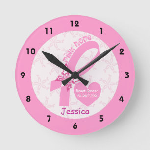 Pink Ribbon Breast cancer survivor & pink border Round Clock