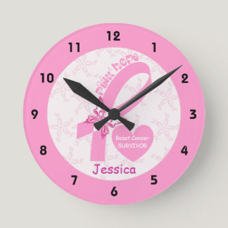 Pink Ribbon Breast cancer survivor & pink border Round Clock