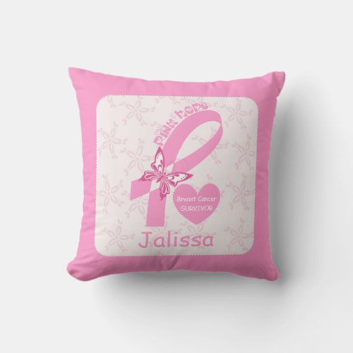 Pink Ribbon Breast cancer survivor  pink border Throw Pillow