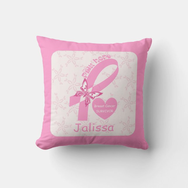 Pink Ribbon Breast cancer survivor & pink border Throw Pillow (Front)