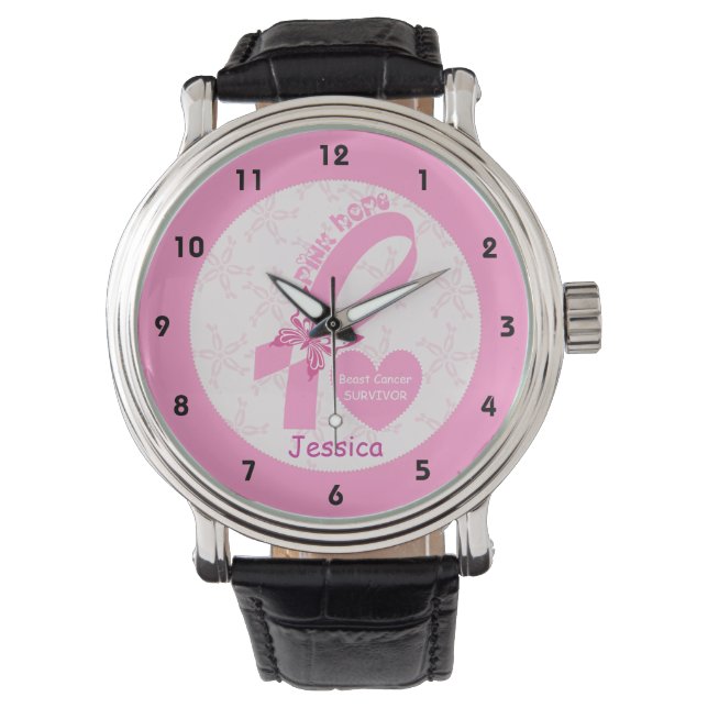 Pink Ribbon Breast cancer survivor & pink border Watch (Front)
