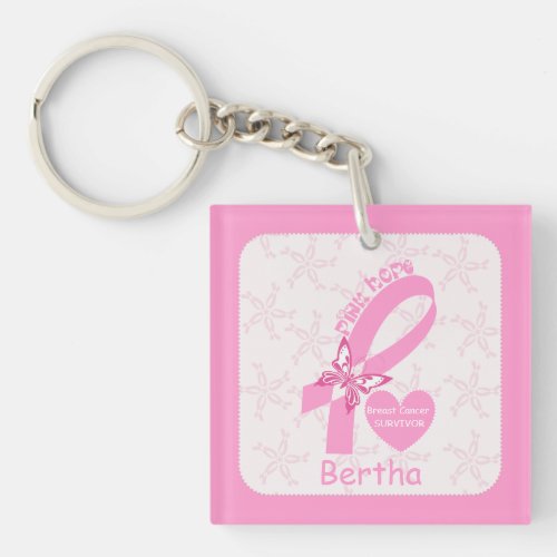 Pink Ribbon Breast cancer survivor  purple border Keychain