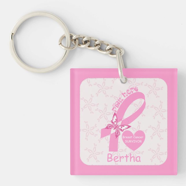 Pink Ribbon Breast cancer survivor & purple border Keychain (Front)