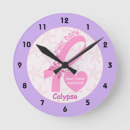 Pink Ribbon Breast cancer survivor &amp; purple border Round Clock