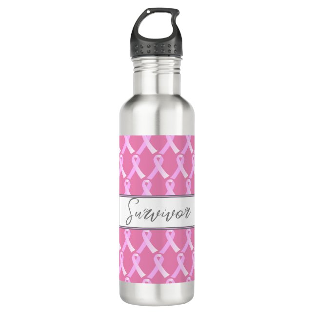 Pink Ribbon Breast Cancer Survivor Stainless Steel Water Bottle (Front)
