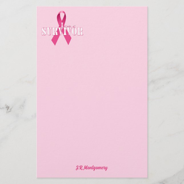 Pink Ribbon Breast Cancer Survivor with Name Stationery (Front)