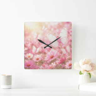 Pink Ribbon Butterflies in Garden Square Wall Clock