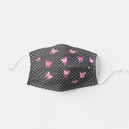 Pink ribbon butterflies on quilted polka dot adult cloth face mask