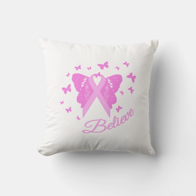 Pink Ribbon Butterfly Awareness Throw Pillow (Front)