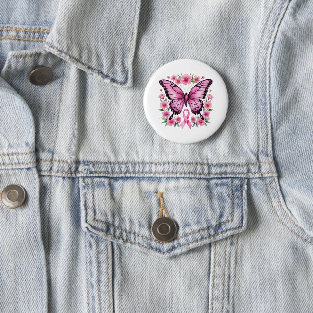 Pink Ribbon Butterfly Breast Cancer Awareness  Button (In Situ)