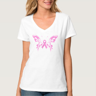 Pink Ribbon Butterfly Breast Cancer | V-Neck Shirt