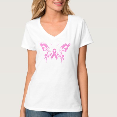 Pink Ribbon Butterfly Breast Cancer  V_Neck Shirt