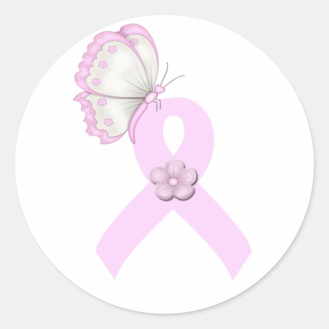 Pink Ribbon Butterfly Classic Round Sticker (Front)